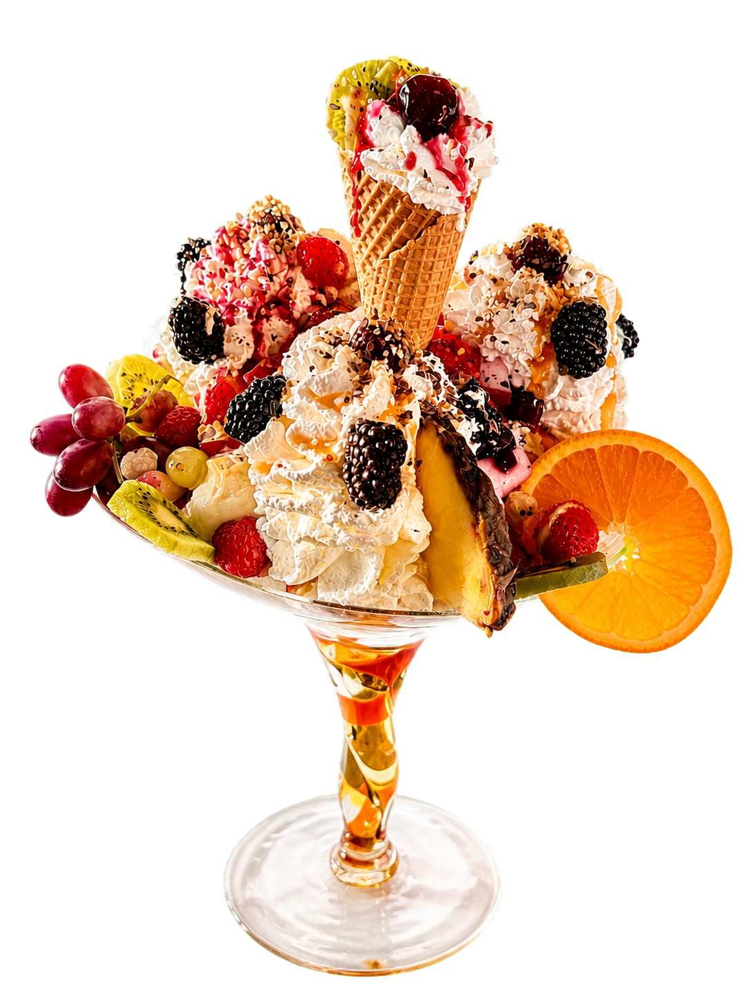 Opulenter Dal-Bò-Eisbecher mit Eis, Sahne und frischem Obst